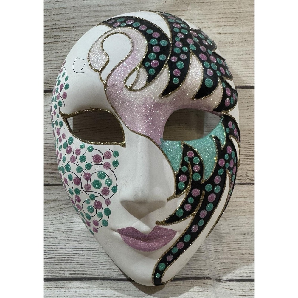 Vintage Hand Painted Masquerade Ceramic Porcelain Mask Pink Green Black 80's